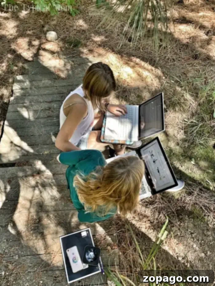 Free K-12 Homeschool Resources 2 Two people sit outdoors on a wooden pathway surrounded by foliage, utilizing laptops for free homeschool programs. The person on the left sports a white top, while the person on the right wears green. A smartphone rests on the ground nearby.