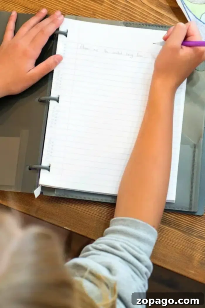 Free K-12 Homeschool Resources 6 A person with light hair is using a purple pen to write in a notebook, exploring ideas for free homeschool programs. The notebook rests on a wooden table, inside a binder, while the person wears a gray long-sleeved shirt. The text on the page is partially visible.