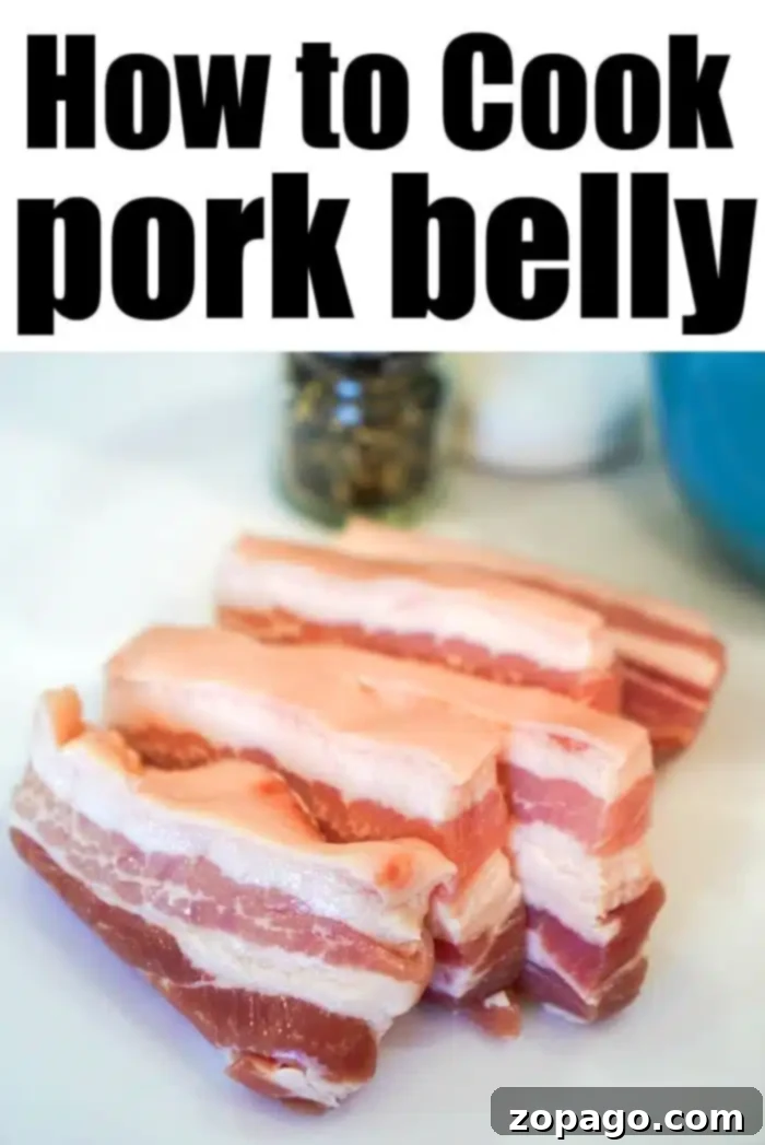 Crispy Air Fryer Pork Belly 9 Image of three thick slices of raw pork belly on a white surface with text at the top that reads "How to Cook Air Fryer Pork Belly" in bold black letters. In the background, there is a blurry, partially visible pepper grinder and other kitchen items.