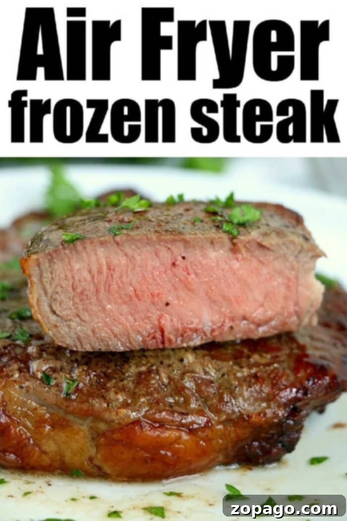 Air Fryer Steak Straight From Freezer 7 A delicious air-fried frozen steak, showcasing a perfect sear and inviting texture.