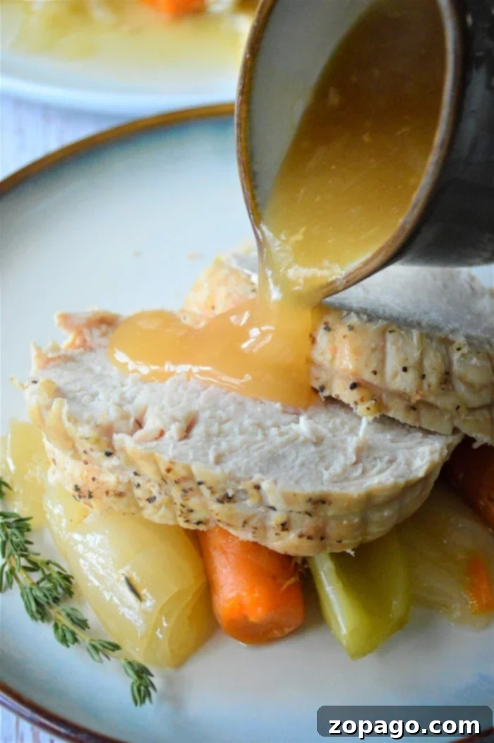 Perfectly cooked and sliced turkey breast with rich, homemade gravy, highlighting the Instant Pot's ability to deliver tender results.