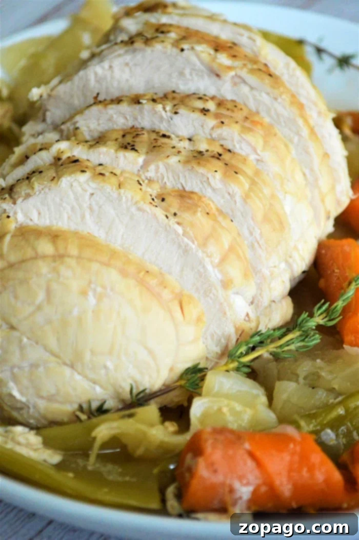 Slices of juicy Instant Pot Frozen Turkey Breast ready to be served or stored, showcasing its tender texture.