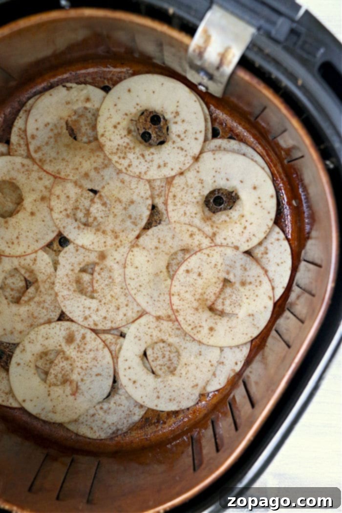 Crispy Air Fryer Apple Chips 4 Thinly sliced apples arranged on an air fryer rack, ready for cooking into chips.