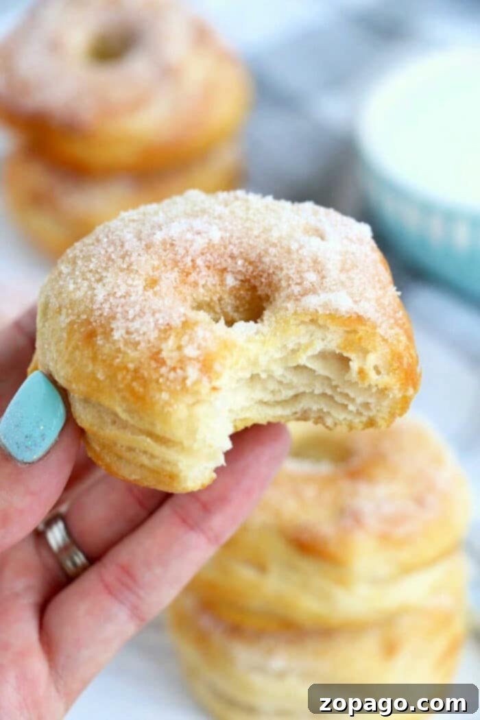 Golden Ninja Air Fryer Biscuit Donuts 2 Delicious air fryer biscuit donuts stacked high and dusted with powdered sugar, ready to be enjoyed.