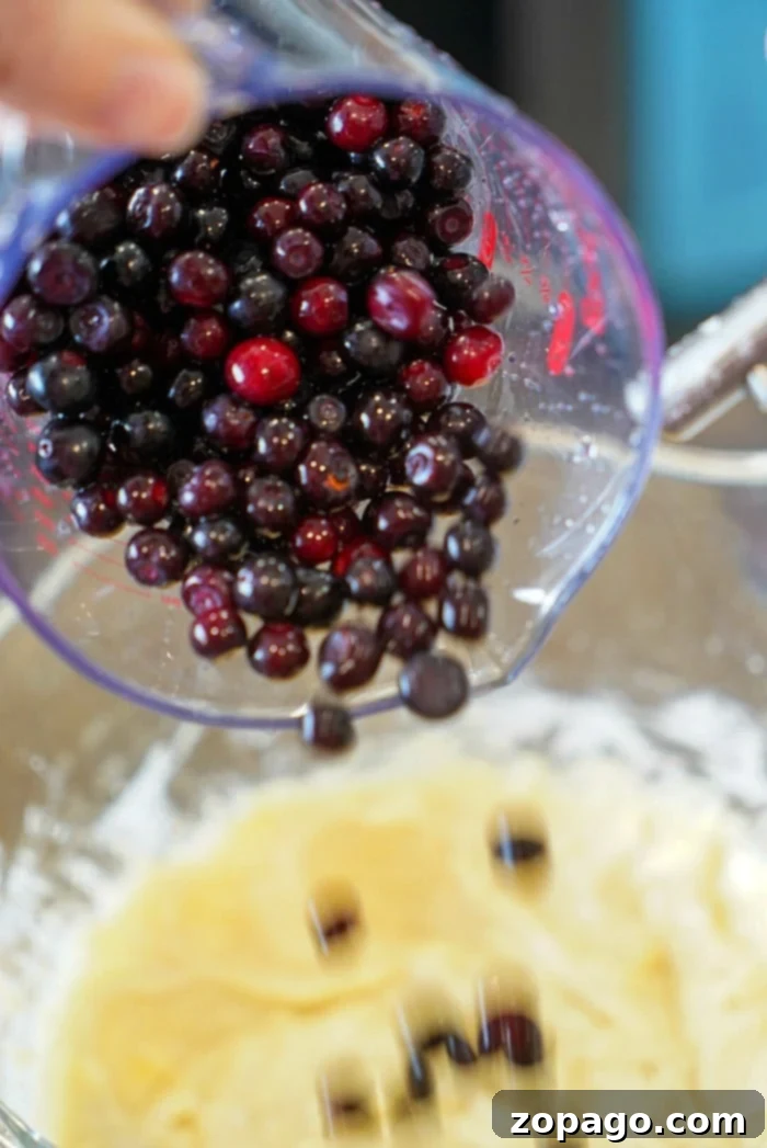 Homemade Huckleberry Muffins 6 Pouring a mix of huckleberries into a bowl with batter, this easy muffin recipe promises delicious results.