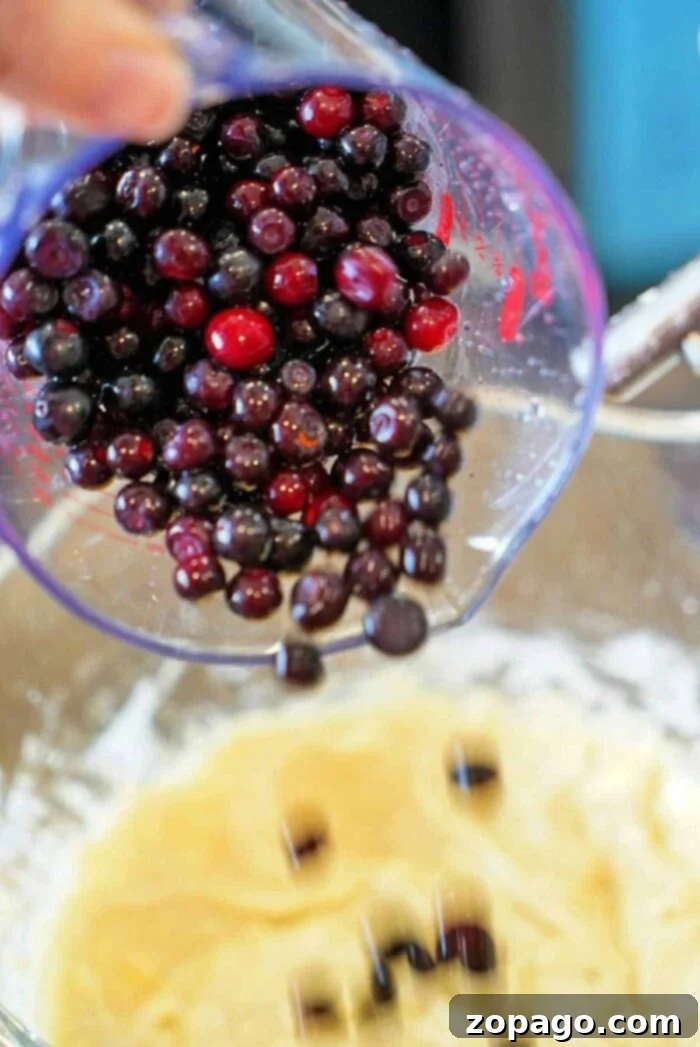 Huckleberry Delights 2 Pouring fresh huckleberries into a mixing bowl with batter, this delightful blend is reminiscent of cherished huckleberry recipes.