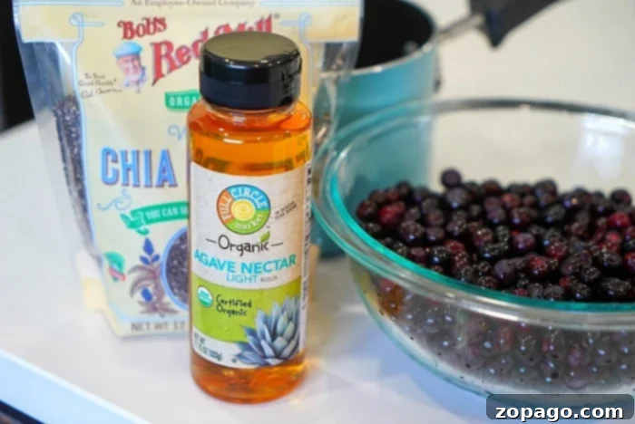Wild Huckleberry Preserve 3 Agave nectar bottle, chia seeds bag, and a bowl of fresh huckleberries on a kitchen counter, ingredients for jam.