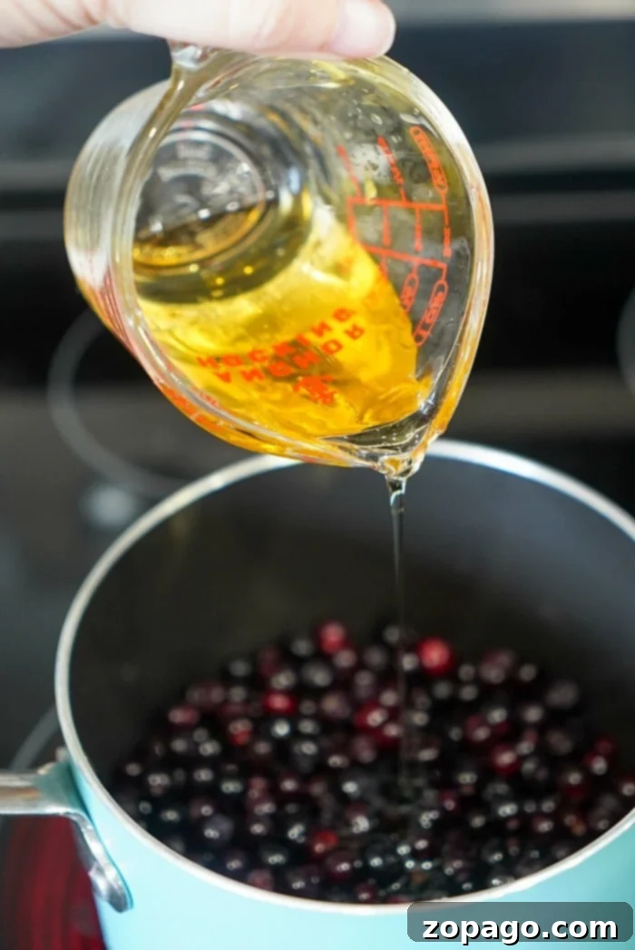 Wild Huckleberry Preserve 4 Pouring agave nectar into a saucepan filled with huckleberries on a stovetop, capturing the start of jam making.