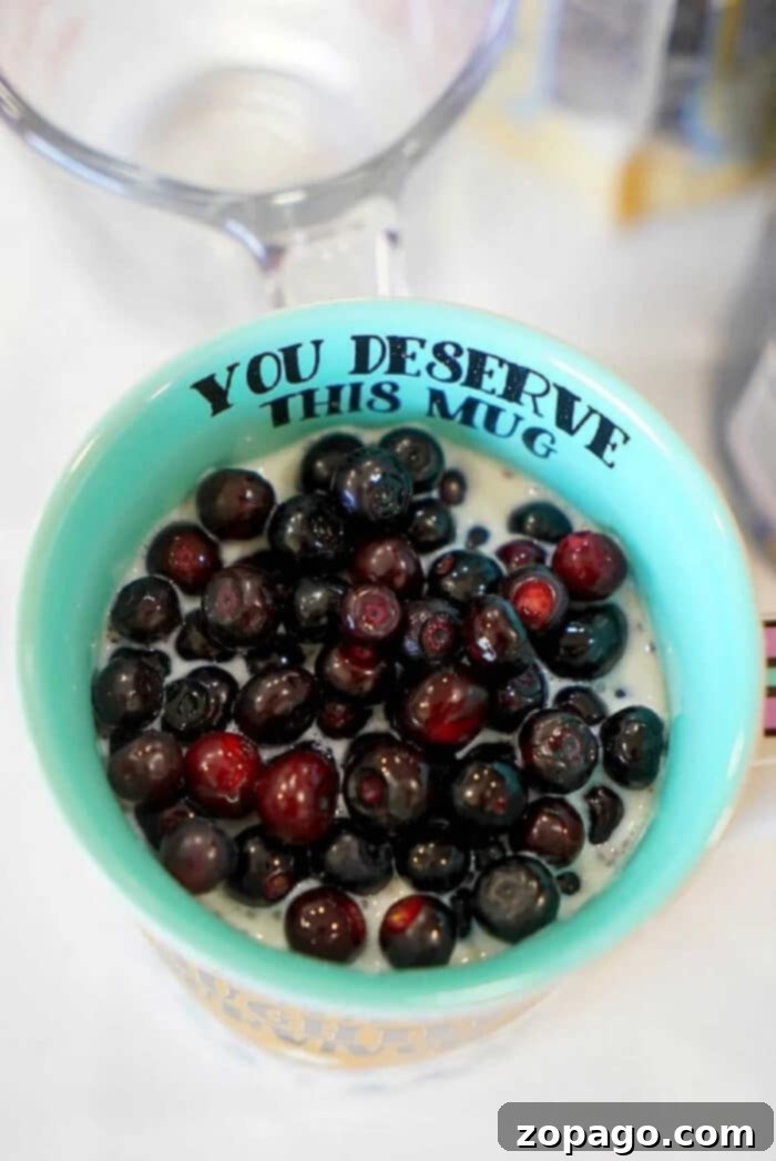 Blueberries in a teal mug make for the perfect topping to your simple overnight oats with yogurt.