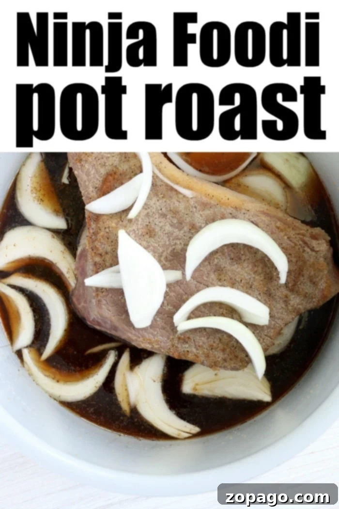 Ninja Foodi One-Pot Wonder 6 Cooked roast in pressure cooker, ready to be removed.