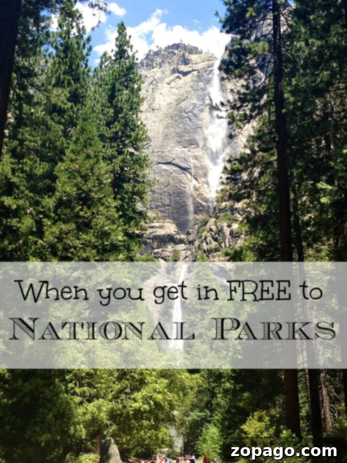 Majestic waterfall cascading down a rock face in a lush national park, inviting visitors to enjoy free admission days.
