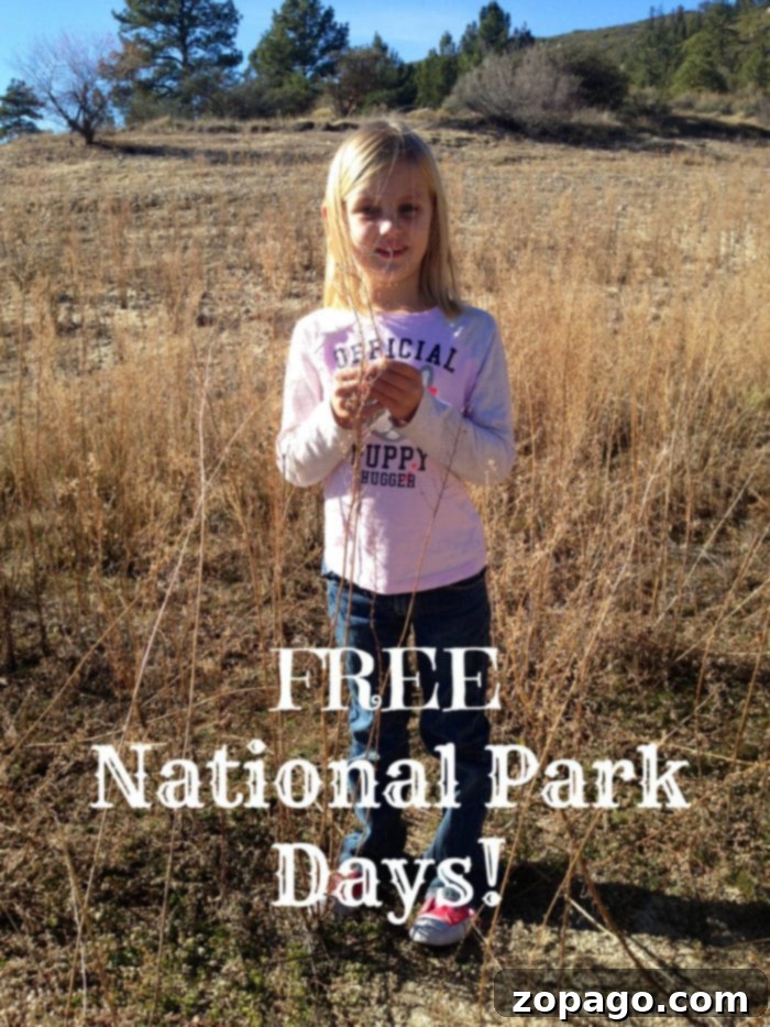 Young blonde girl standing in a dry, grassy area, holding plants, with hills and sparse trees in the background, symbolizing the joy of free access to nature for families.