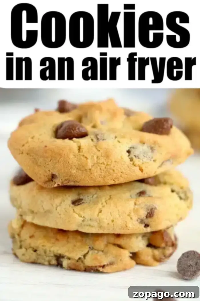 Perfect Air Fryer Chocolate Chip Cookies 2 A stack of three chocolate chip air fryer cookies sits on a white surface. The text above reads, 'Cookies in an air fryer.'