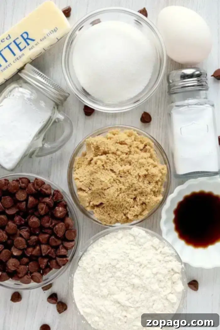 Ingredients for baking air fryer cookies are arranged on a surface: a stick of butter, a jar of sugar, brown sugar in a bowl, flour in another bowl, chocolate chips, an egg, a jar of baking soda, salt in a shaker, and a small bowl of vanilla extract.
