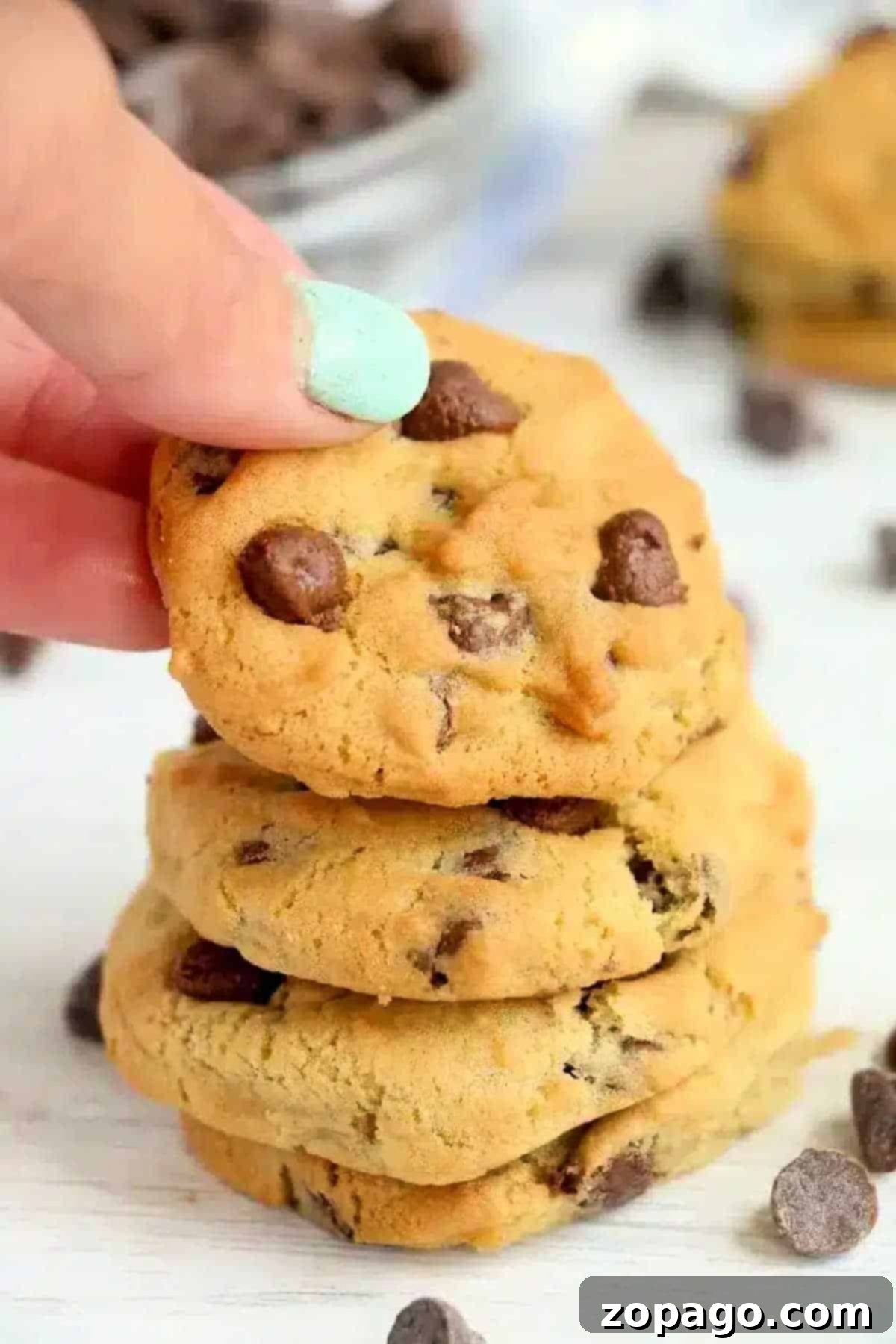 Perfect Air Fryer Chocolate Chip Cookies 6 A hand with mint-green nail polish holds a chocolate chip cookie above a stack of air fryer cookies.