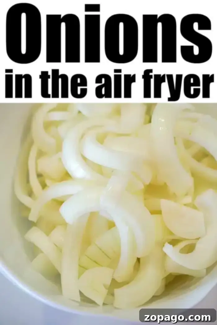 Golden Crisp Air Fryer Onions 6 A bowl filled with raw sliced onions is shown with text above that reads, "Air fryer onions: Crispy and delicious!