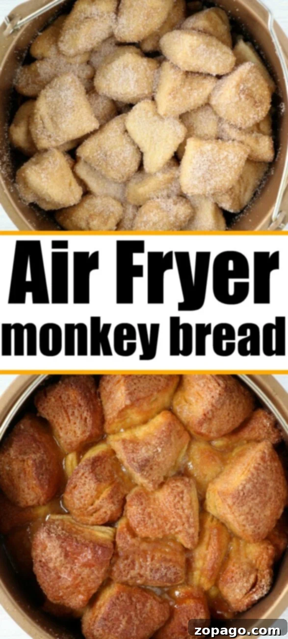 Easy Air Fryer Monkey Bread 9 A close-up of a finished, glazed monkey bread in an air fryer basket, ready to be served, highlighting its rich, golden-brown color and sticky texture, ideal as a Ninja Foodi dessert.