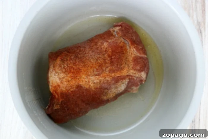 Simply Perfect Ninja Foodi Pulled Pork 4 Seasoned pork shoulder ready for searing in a Ninja Foodi pot