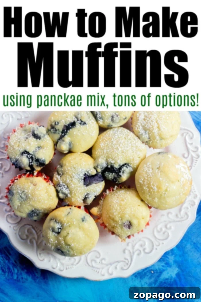 Pancake Mix Muffin Hack 9 A plate of powdered sugar blueberry muffins topped with text: Discover how to create delicious pancake mix muffins, offering tons of options!