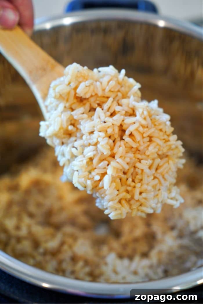Perfect Instant Pot Brown Rice 2 Fluffy Instant Pot brown rice recipe cooked to perfection, ready to be served as a healthy side dish.