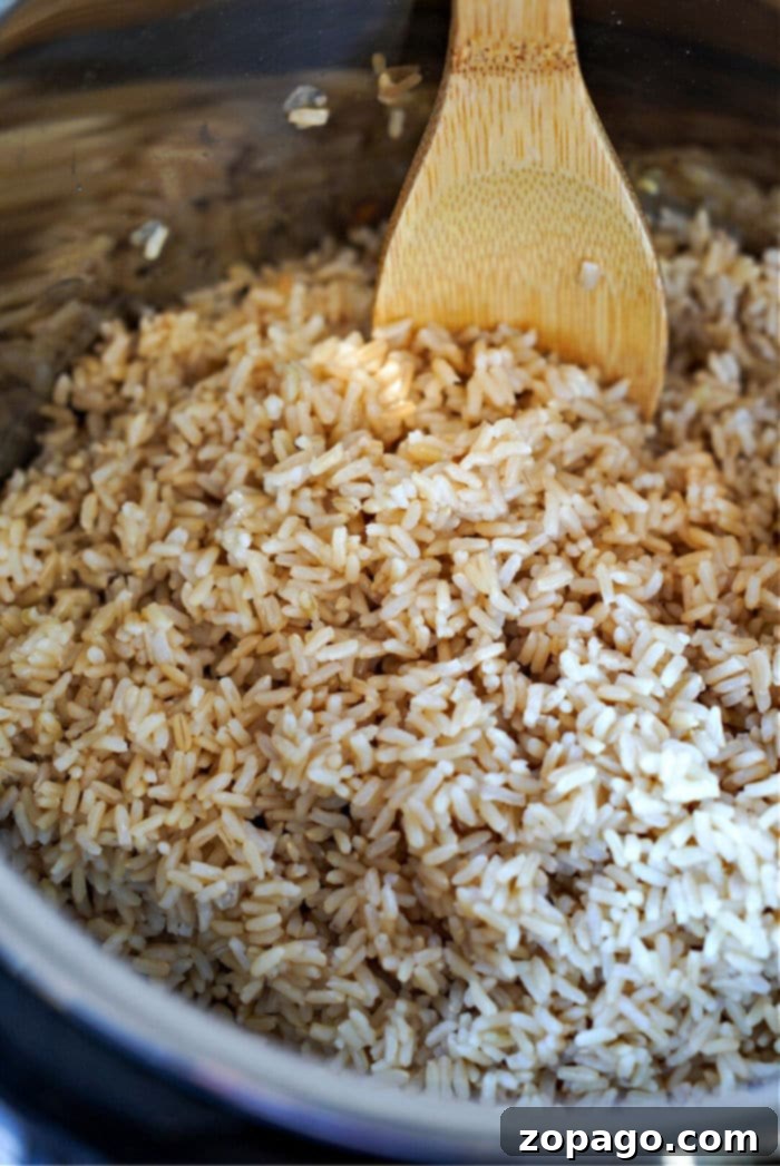 Perfect Instant Pot Brown Rice 7 Close-up of perfectly cooked brown rice in an Instant Pot, being fluffed with a wooden spoon.