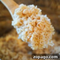 Perfect Instant Pot Brown Rice 9 A wooden spoon holding perfectly cooked brown rice over an Instant Pot, showcasing the simplicity of a quick and delicious recipe.