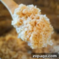 A wooden spoon holding perfectly cooked brown rice over an Instant Pot