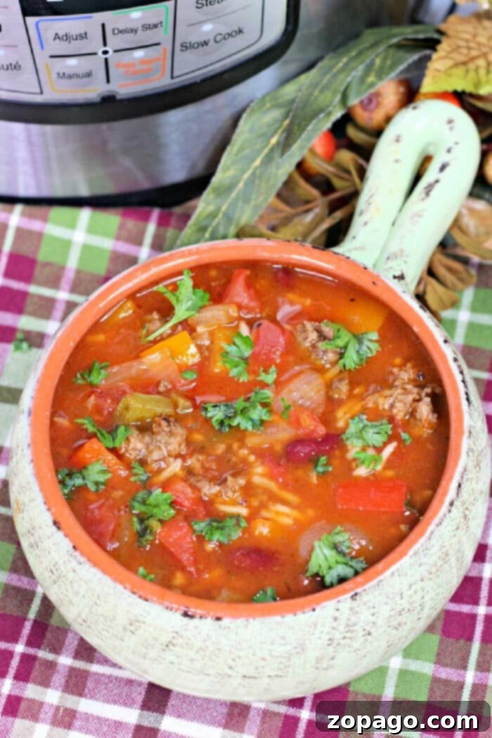 Hearty Instant Pot Stuffed Pepper Soup 2 Delicious pressure cooker stuffed pepper soup in a bowl