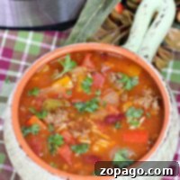 A bowl of instant pot stuffed pepper soup filled with vegetables and herbs, placed on a plaid cloth near a slow cooker.
