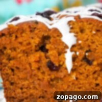 Close-up of sliced pumpkin cranberry bread with white icing drizzled on top.