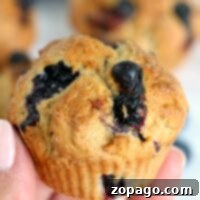 A hand holds a freshly baked blueberry muffin, made effortlessly in an air fryer, with more muffins tantalizingly blurred in the background.