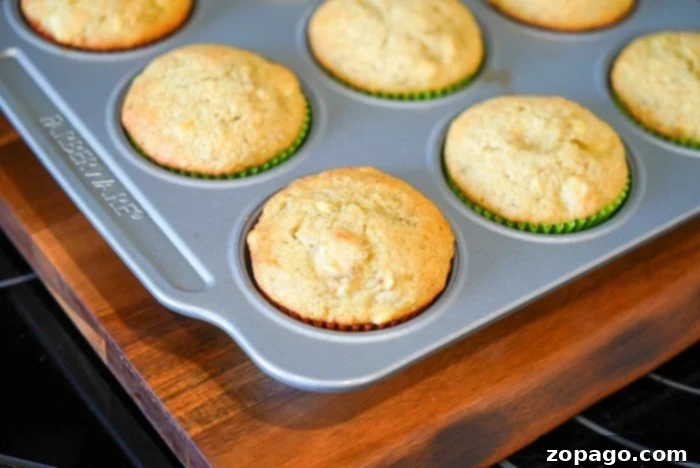 Surprising Mayonnaise Banana Bread 10 A tray of freshly baked banana bread muffins, made with a surprising hint of mayonnaise, rests in a metal muffin tin on a wooden surface.