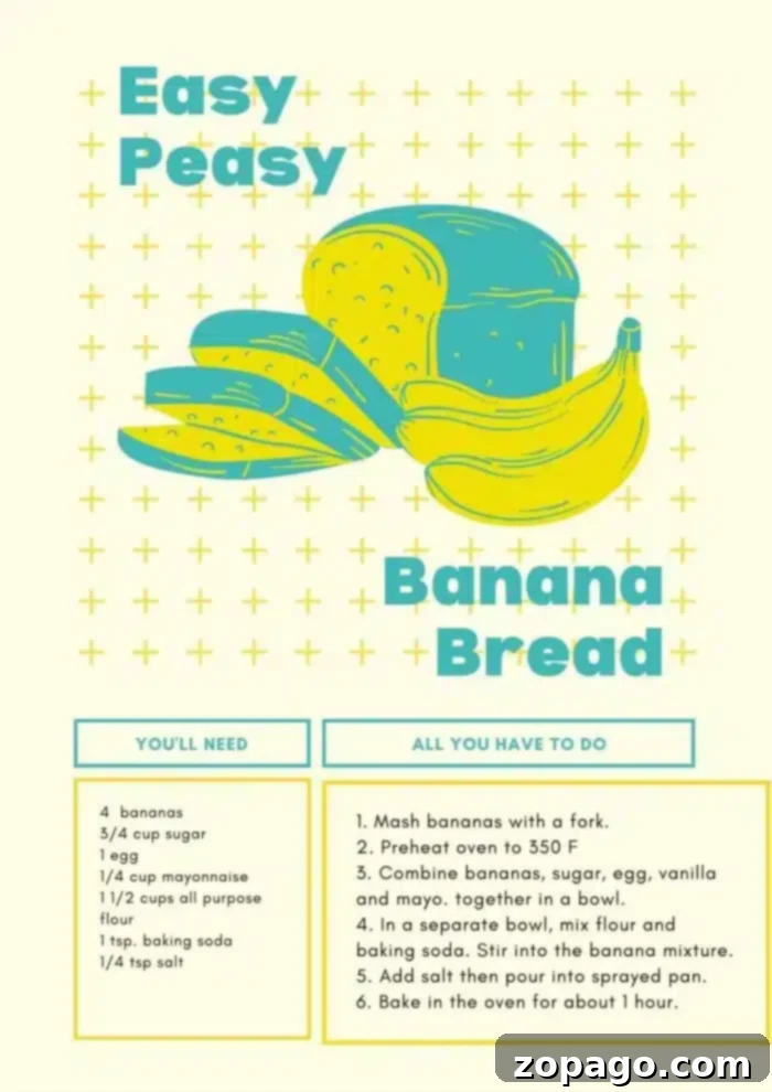 Surprising Mayonnaise Banana Bread 11 Colorful recipe poster showcasing bananas and bread illustration with title: Easy Peasy Banana Bread with Mayonnaise.