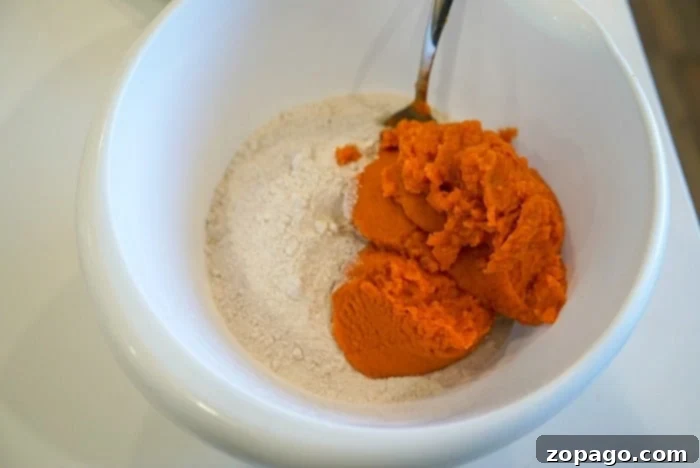 Effortless Two Ingredient Pumpkin Muffins 4 A white bowl holds a simple mix of cake mix and vibrant orange pumpkin puree, with a metal spoon ready to stir. Perfect for crafting fluffy 2-ingredient pumpkin muffins.