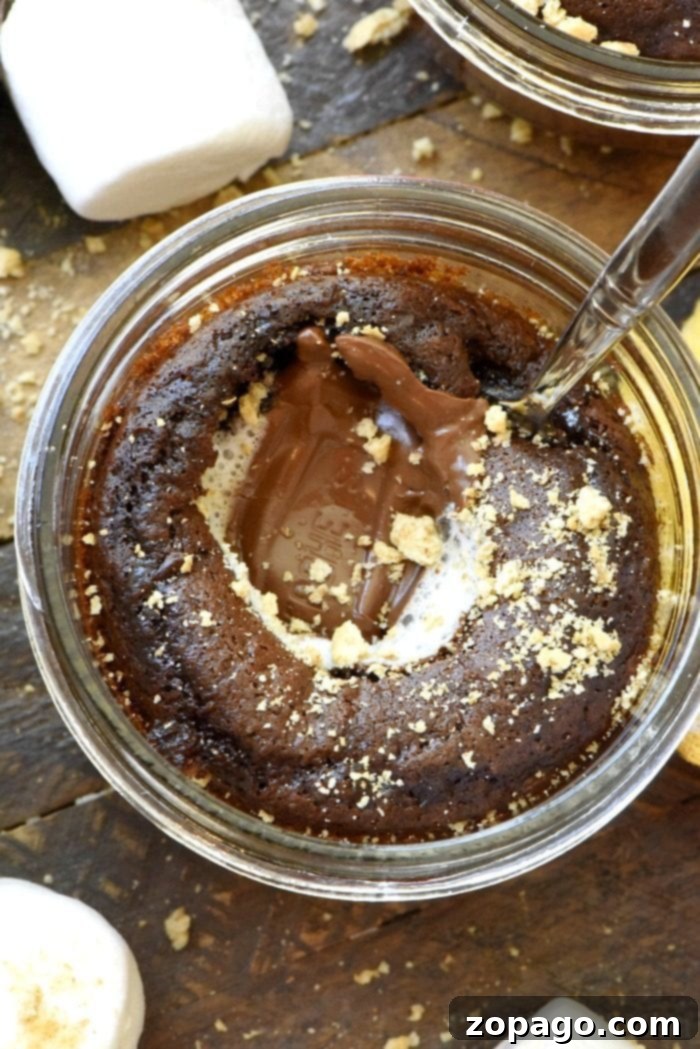 S'mores in a jar: Indulge in a chocolate lava cake delight, elegantly served in a jar with a spoon. Topped with graham cracker crumbs, this treat comes with marshmallows on the side for the perfect s’mores experience.