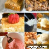A collage of delightful desserts, featuring bars, cakes, and a stunning bundt cake made with boxed cake mix recipes, all adorned with ice cream and fresh fruit toppings.