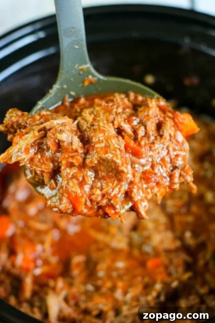 Effortless Slow Cooker Spaghetti 9 A bowl of slow cooker spaghetti sauce with shredded beef, garnished with fresh herbs.