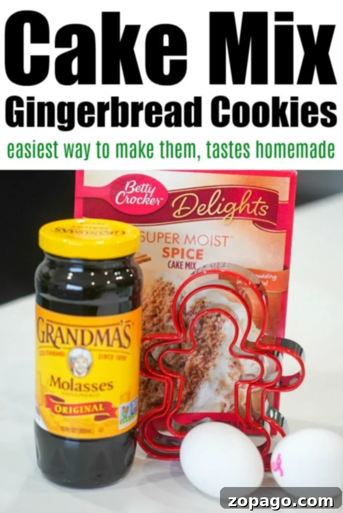 Easy Cake Mix Gingerbread Cookies 3 A jar of molasses, spice cake mix, and two eggs sit invitingly on the table alongside classic gingerbread-shaped cookie cutters, ready to craft delightful gingerbread cookies.