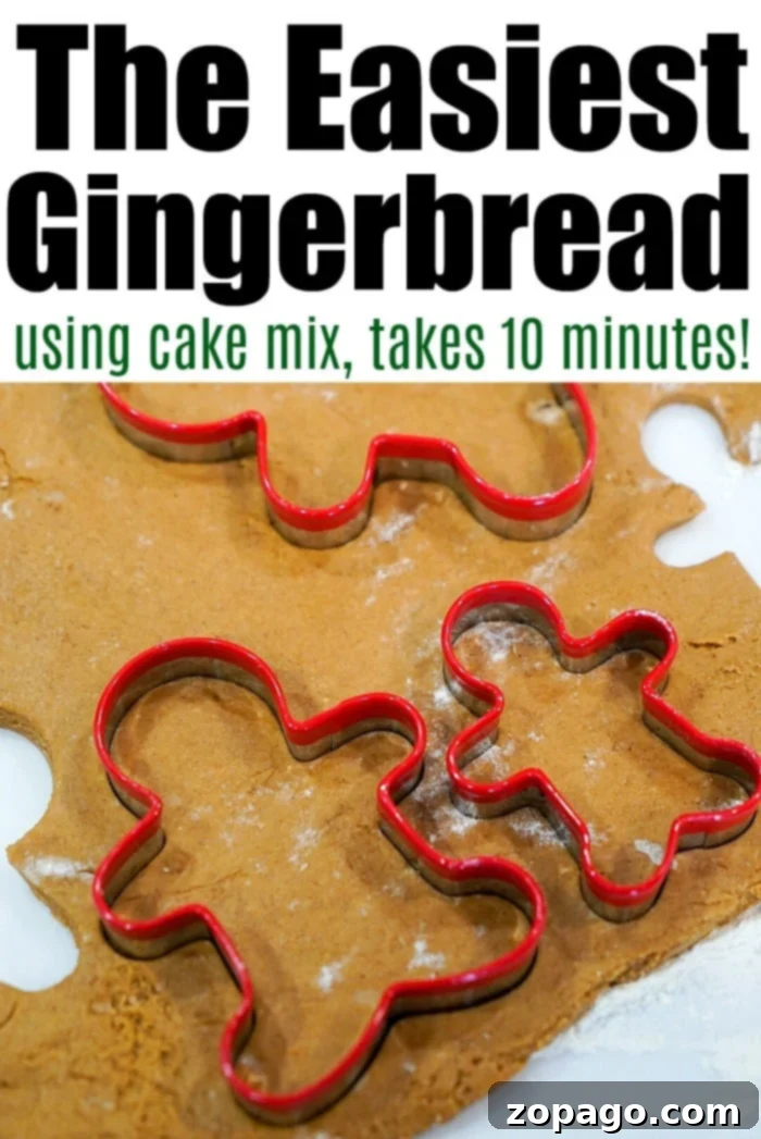 Easy Cake Mix Gingerbread Cookies 7 Red gingerbread cookie cutters rest on the dough with the text: The Easiest Cake Mix Gingerbread Cookies, ready in just 10 minutes!, highlighting their quick preparation.