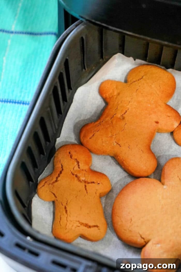 Air Fryer Gingerbread Cookies from Cake Mix 8 A batch of air fryer gingerbread men cookies, perfectly golden-brown and cooling on a wire rack, ready for decoration.