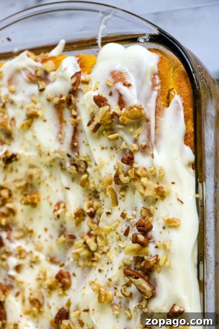 Pumpkin Cinnamon Rolls 7 A delicious pumpkin cinnamon roll drizzled with cream cheese frosting and chopped pecans.