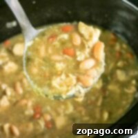 Creamy Crockpot White Chicken Chili 6 Ladle scooping easy white chicken chili from a crockpot.