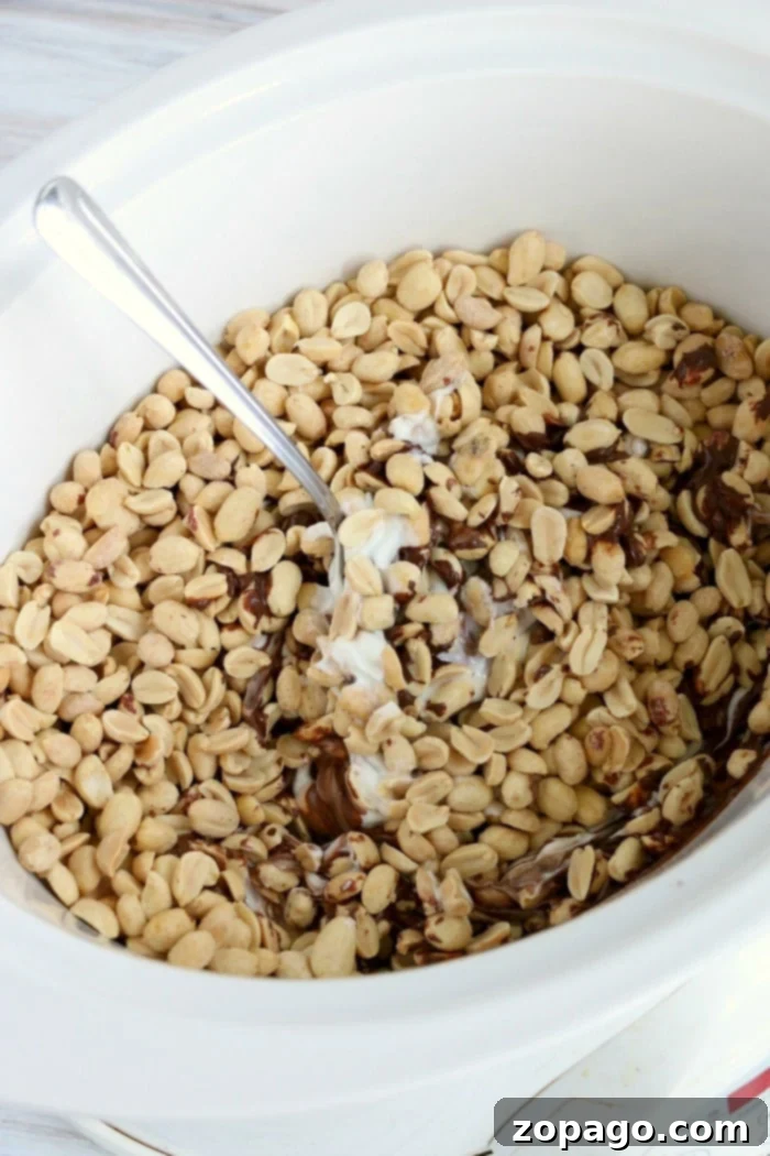 Slow Cooker Peanut Delights 9 Large batch of Crockpot chocolate Peanut Clusters arranged beautifully on a platter, ready to serve