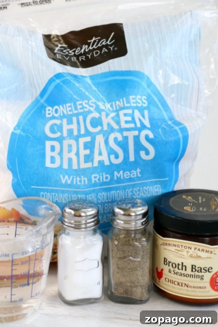 From Freezer to Feast Slow Cooker Chicken 3 Frozen boneless, skinless chicken breasts ready for slow cooking in a Crockpot.