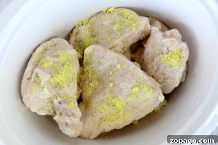 From Freezer to Feast Slow Cooker Chicken 5 Frozen chicken pieces in a crockpot, generously sprinkled with seasoning, ready for a slow-cooked meal.