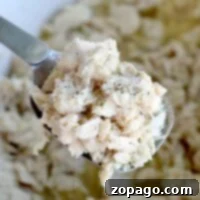 Cropped image of tender, shredded chicken, likely from a Crockpot, perfect for various dishes.