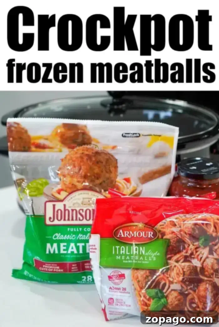 Effortless Crockpot Frozen Meatballs 4 A package of Johnsonville Classic Italian meatballs, Armour Italian-style meatballs, and a jar of spaghetti sauce sit in front of a slow cooker. The text "Frozen meatballs in crockpot" is prominently displayed at the top.