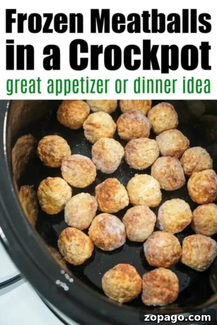 Effortless Crockpot Frozen Meatballs 5 Frozen meatballs in a crockpot make a great appetizer or dinner idea. Just toss them in and let the slow cooker do the work!
