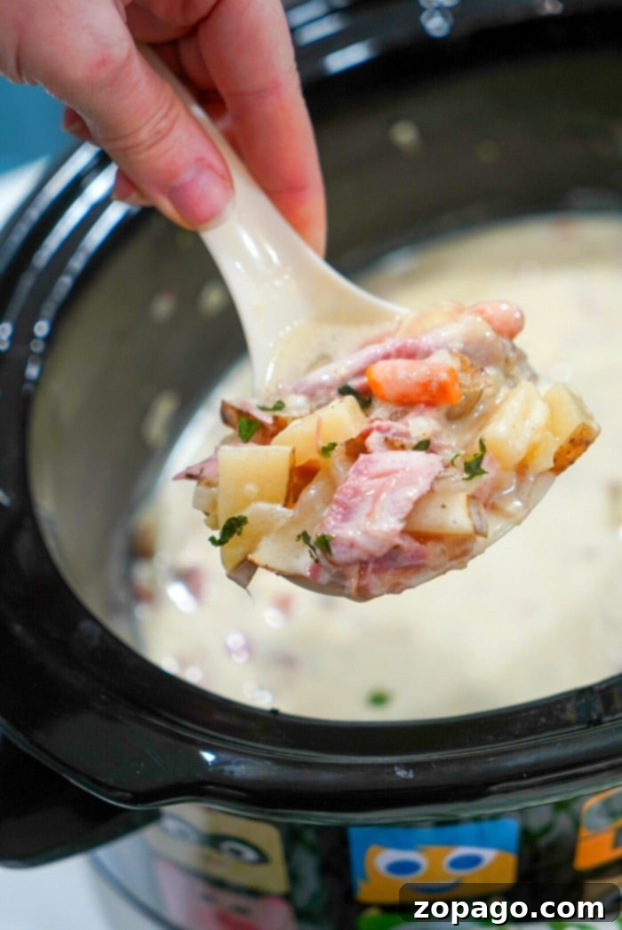 Hearty Slow Cooker Ham & Potato Chowder 9 Comforting slow cooker potato ham soup in a pot