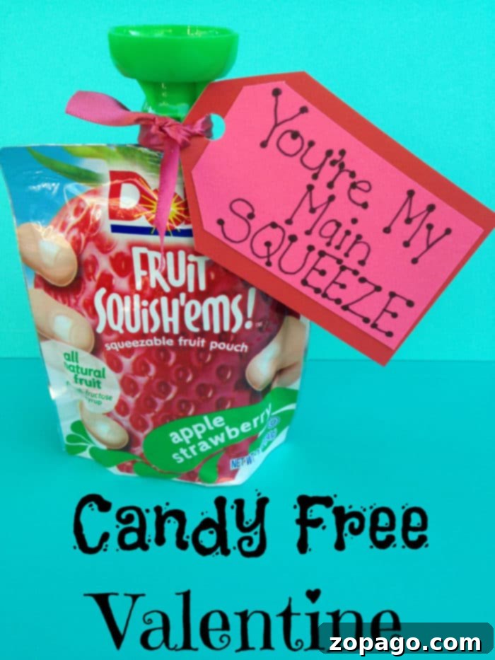 Cute Candy-Free Valentine Ideas for Kids: Fruit Squeezers and Printables Heartfelt fruit squeezers with 'You're My Main Squeeze' printable for candy-free Valentines.